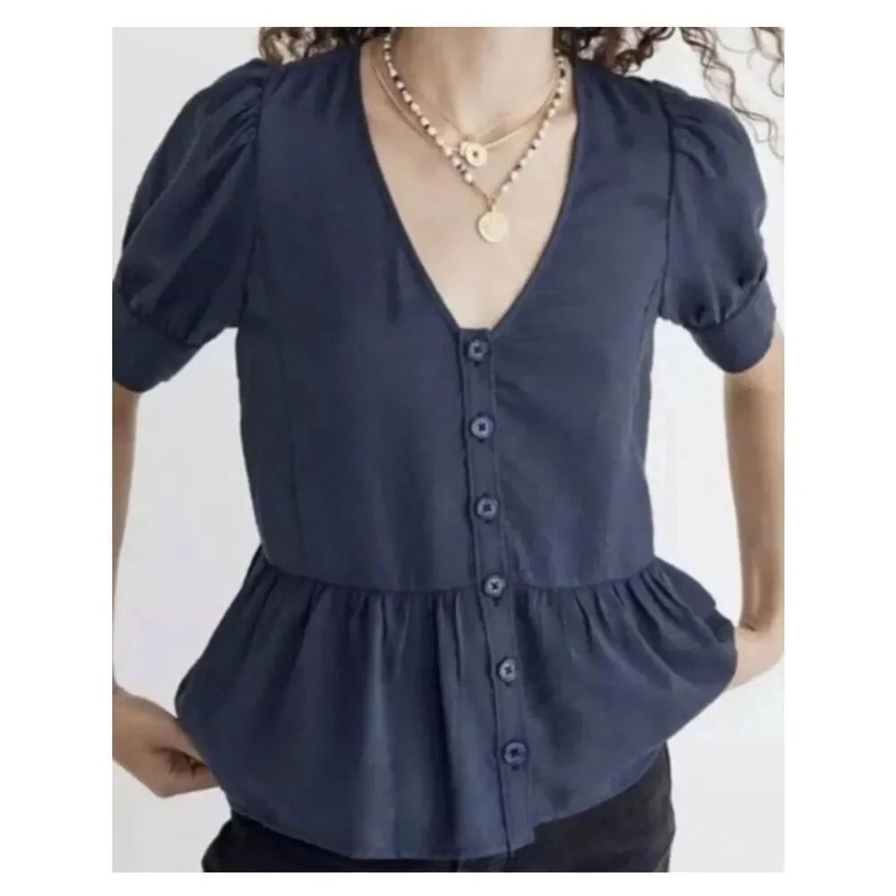 Madewell Blue Drapeweave Puff-Sleeve Top Women’s Small